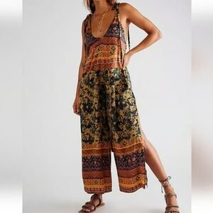 Free People Leona Jumpsuit Ruby Red Romper Wide Leg Boho Mix Print Large